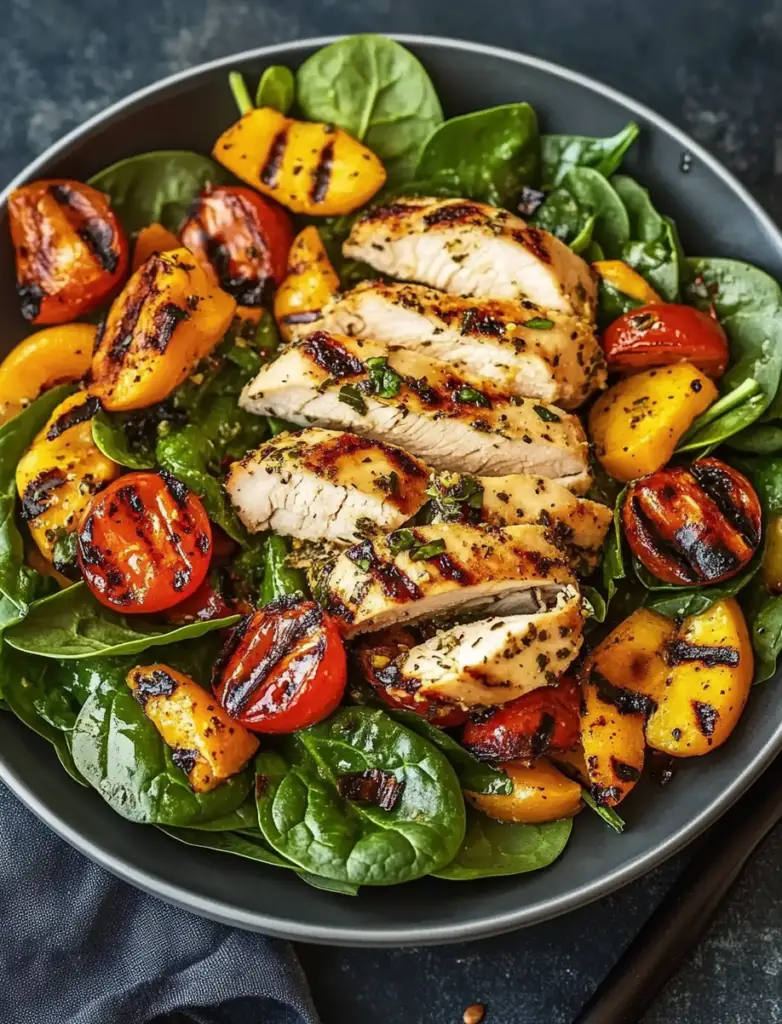 Spinach Salad with Grilled Veggies and Herb Chicken