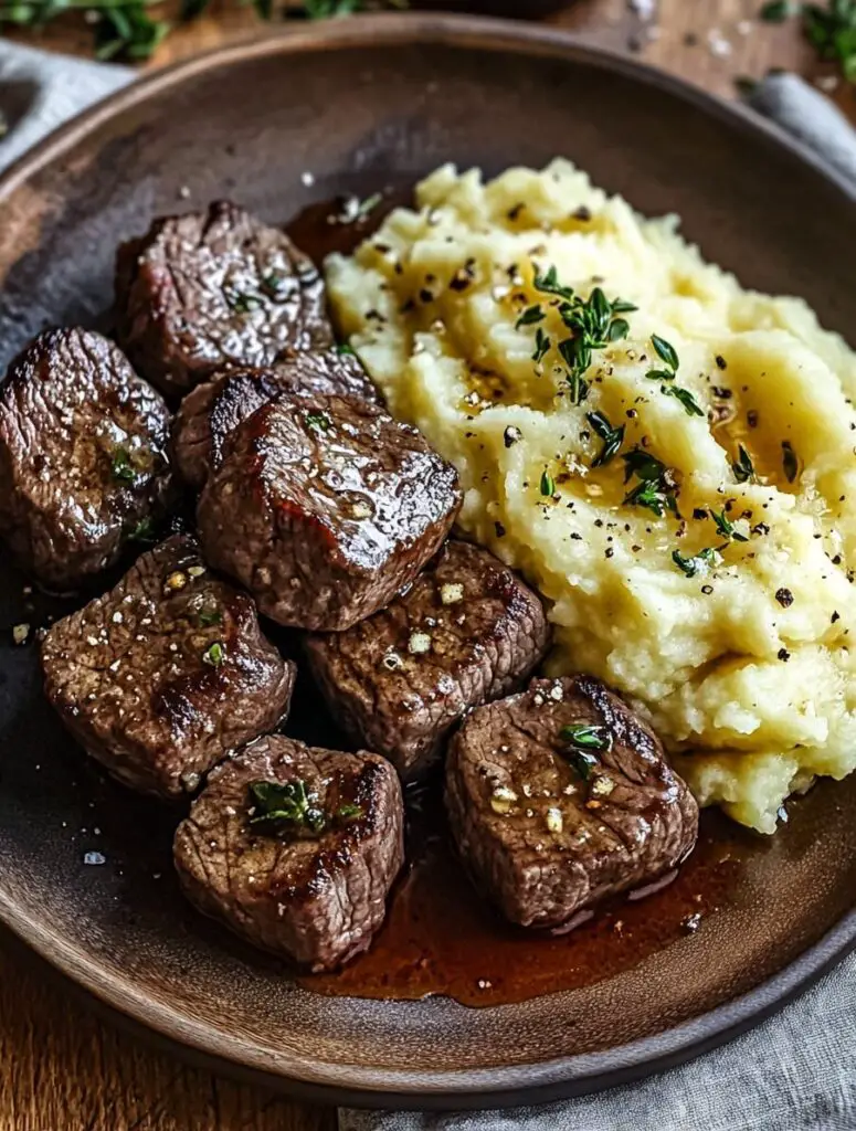 Garlic Butter Steak Bites and Mash