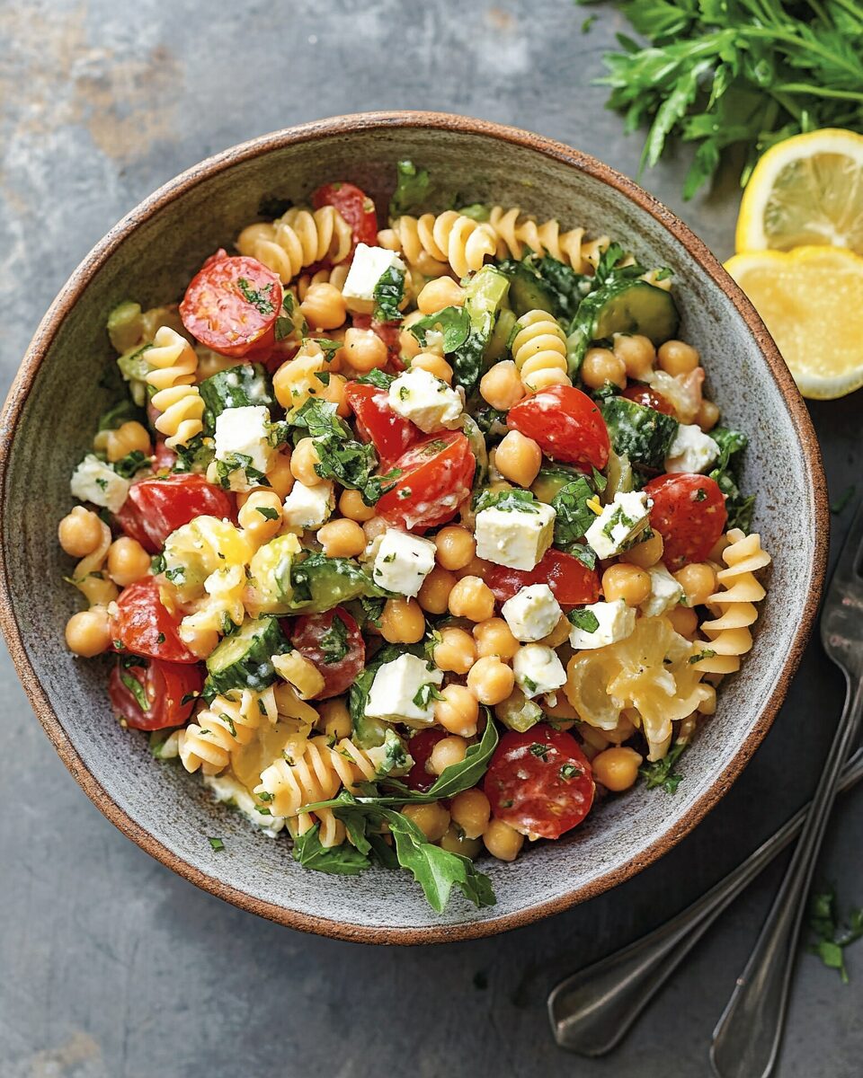 Greek Chickpea Pasta Salad with Lemon Vinaigrette