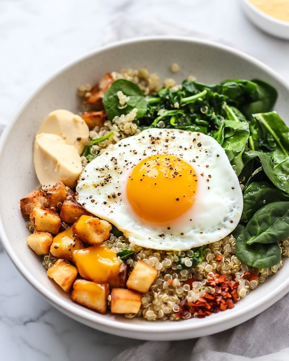Protein-Packed Quinoa Breakfast Bowl with Spinach and Poached Egg – A Balanced Calorie-Deficit Meal