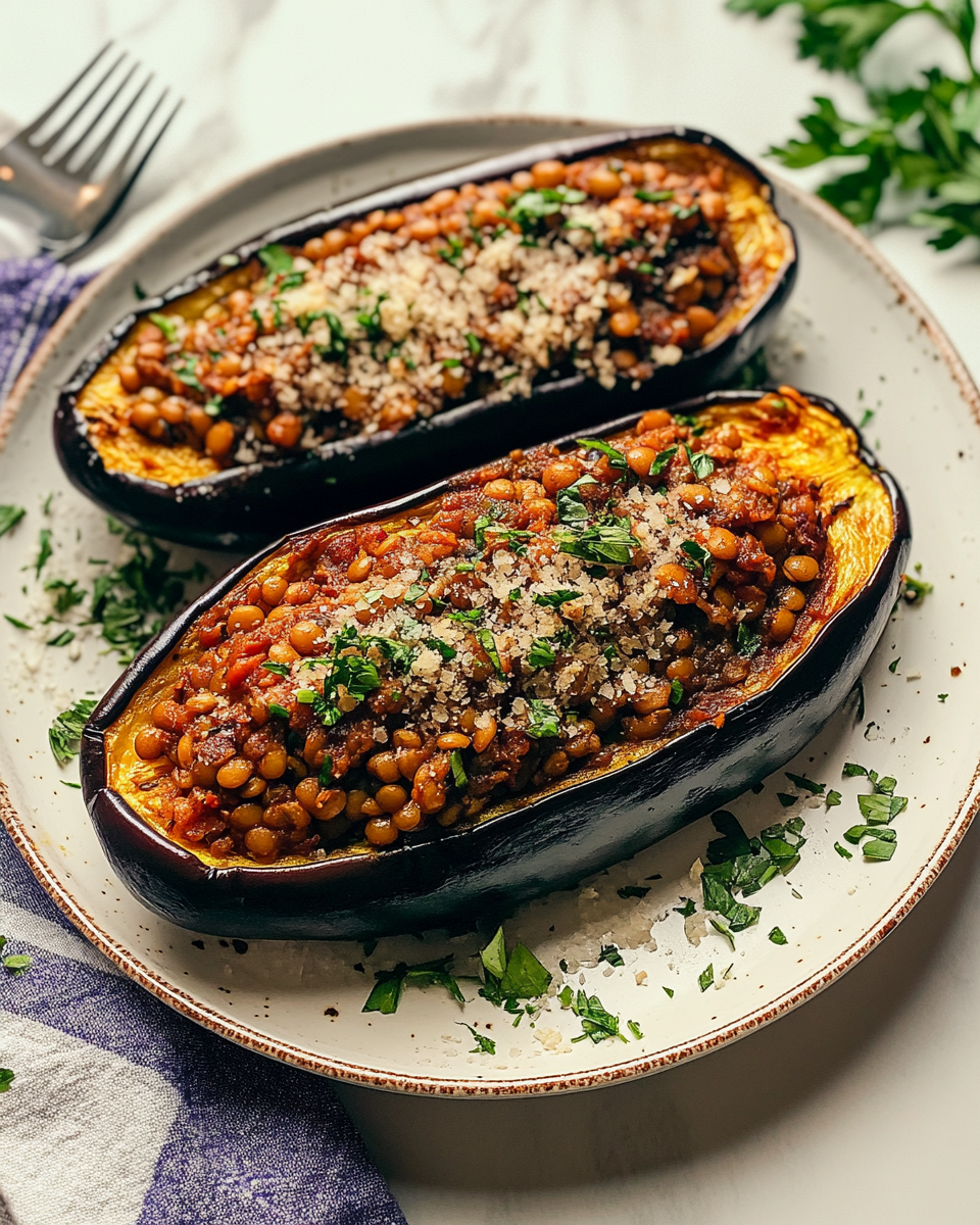 Grilled Eggplant with Lentil Filling