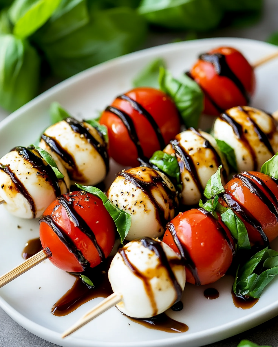Caprese Skewers with Basil and Mozzarella
