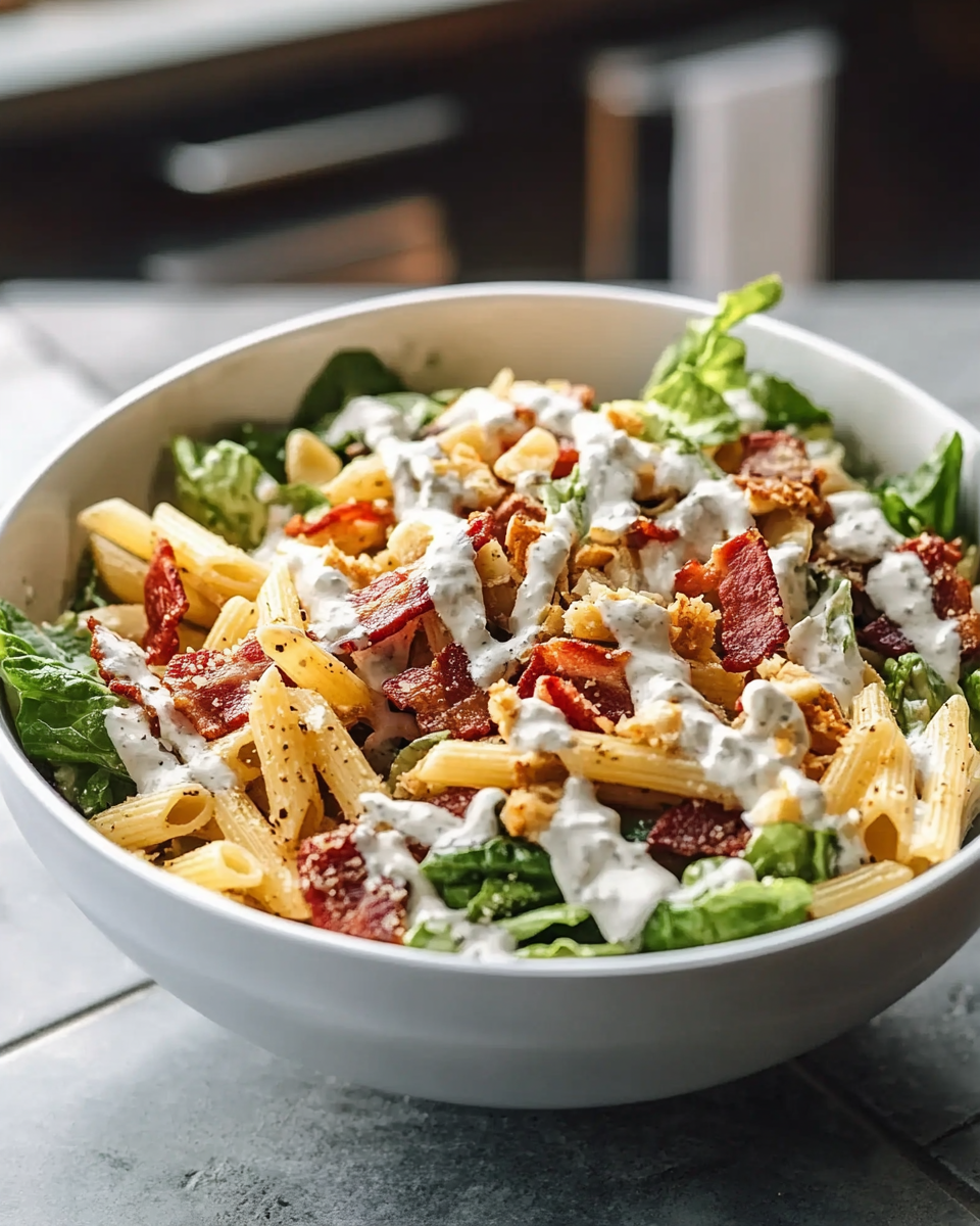 Caesar Pasta Salad with Bacon and Romaine