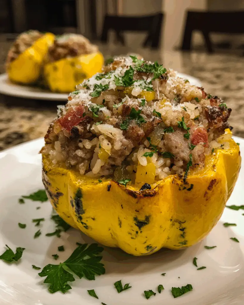 Stuffed Patty Pan Squash with Sausage and Rice