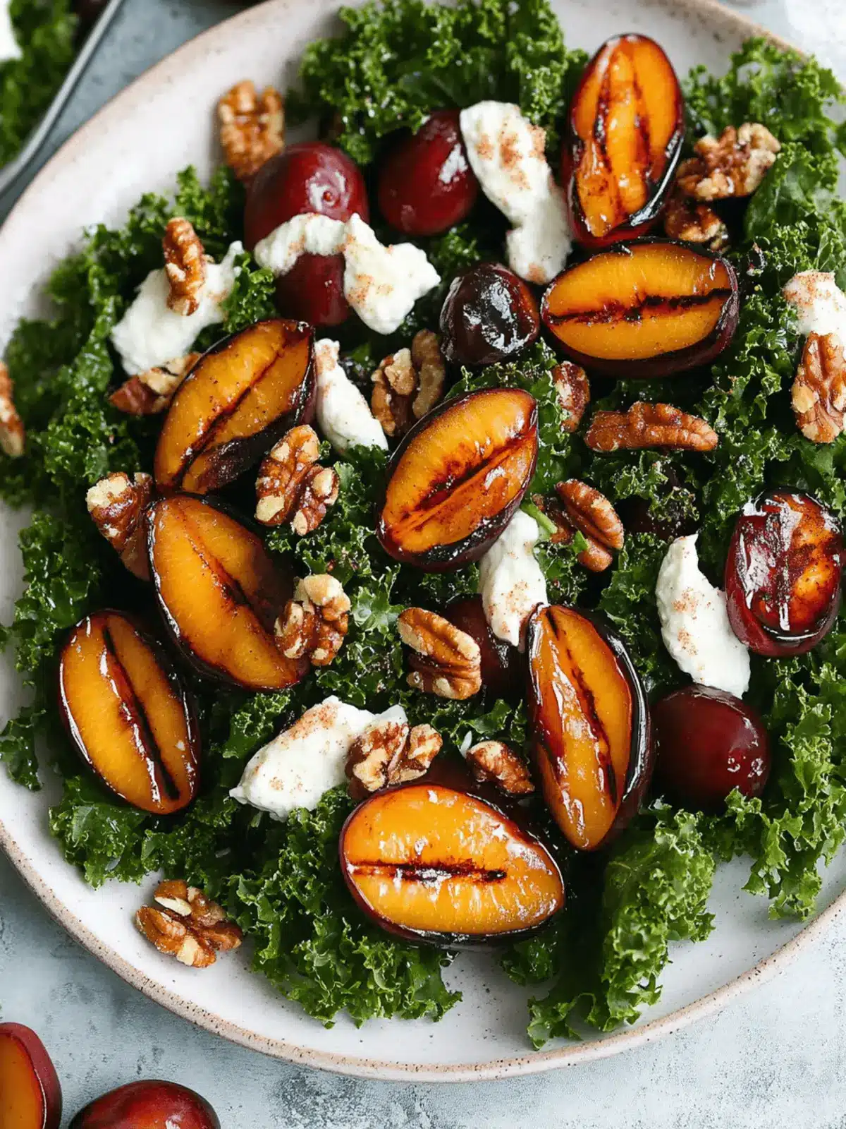 Grilled Plumcot Kale Salad with Cinnamon Candied Nuts