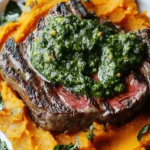 Steak with Green Sauce and Mashed Sweet Potatoes