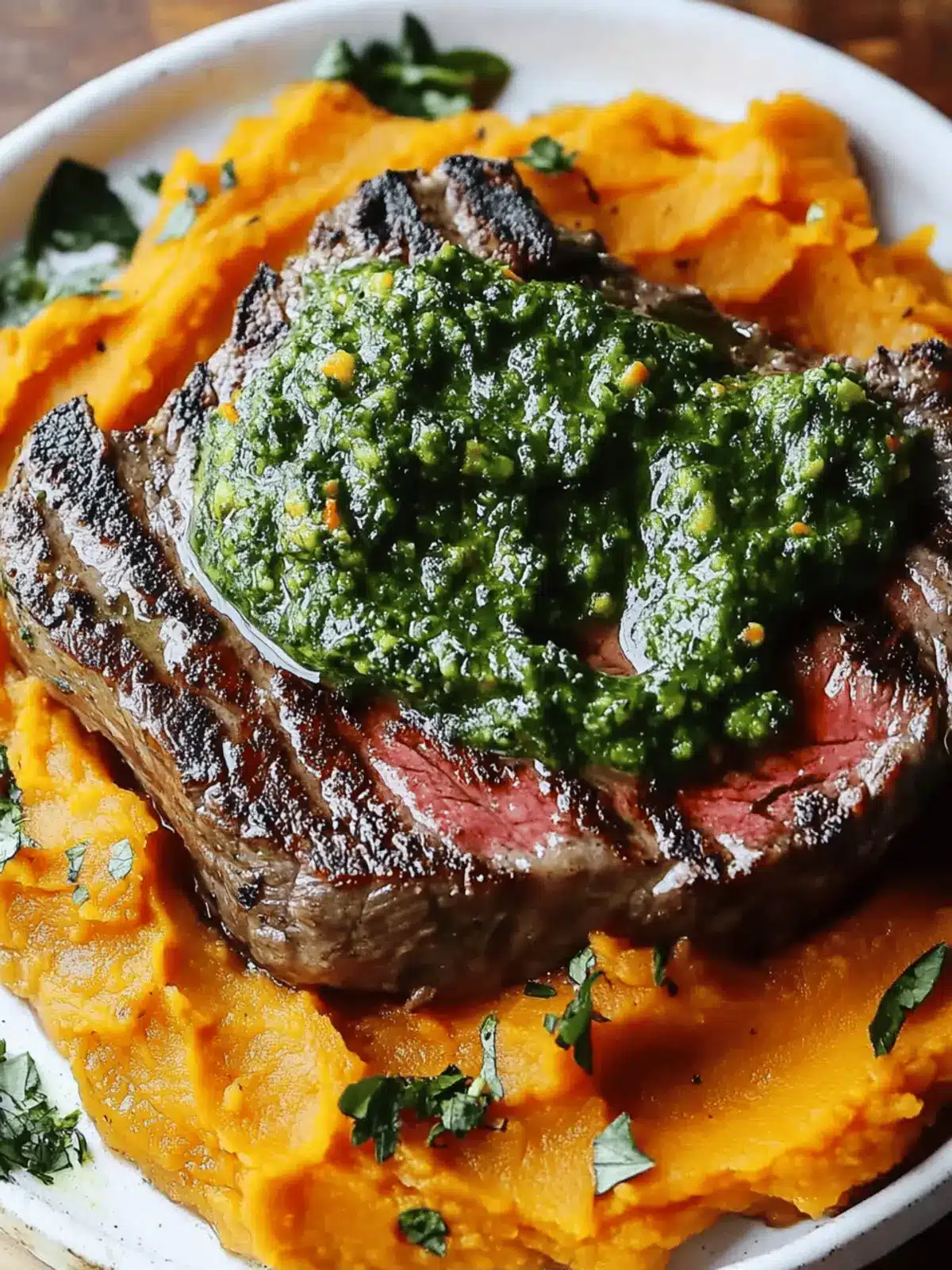 Steak with Green Sauce and Mashed Sweet Potatoes