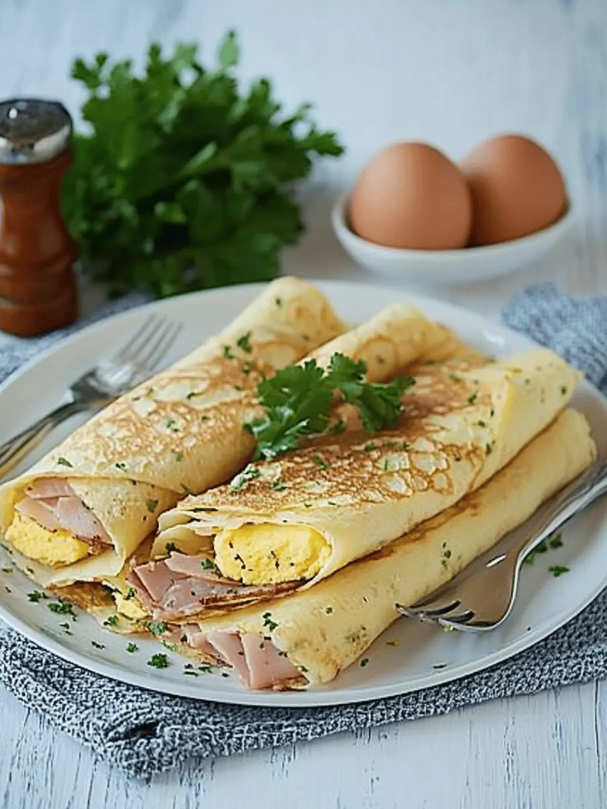 Herb Crepes with Eggs, Swiss, Ham and Browned Butter