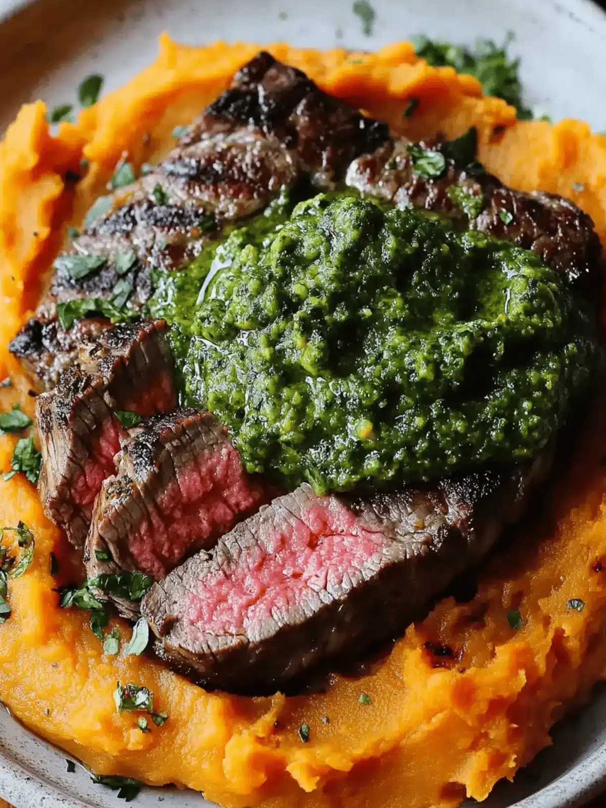Steak with Green Sauce and Mashed Sweet Potatoes