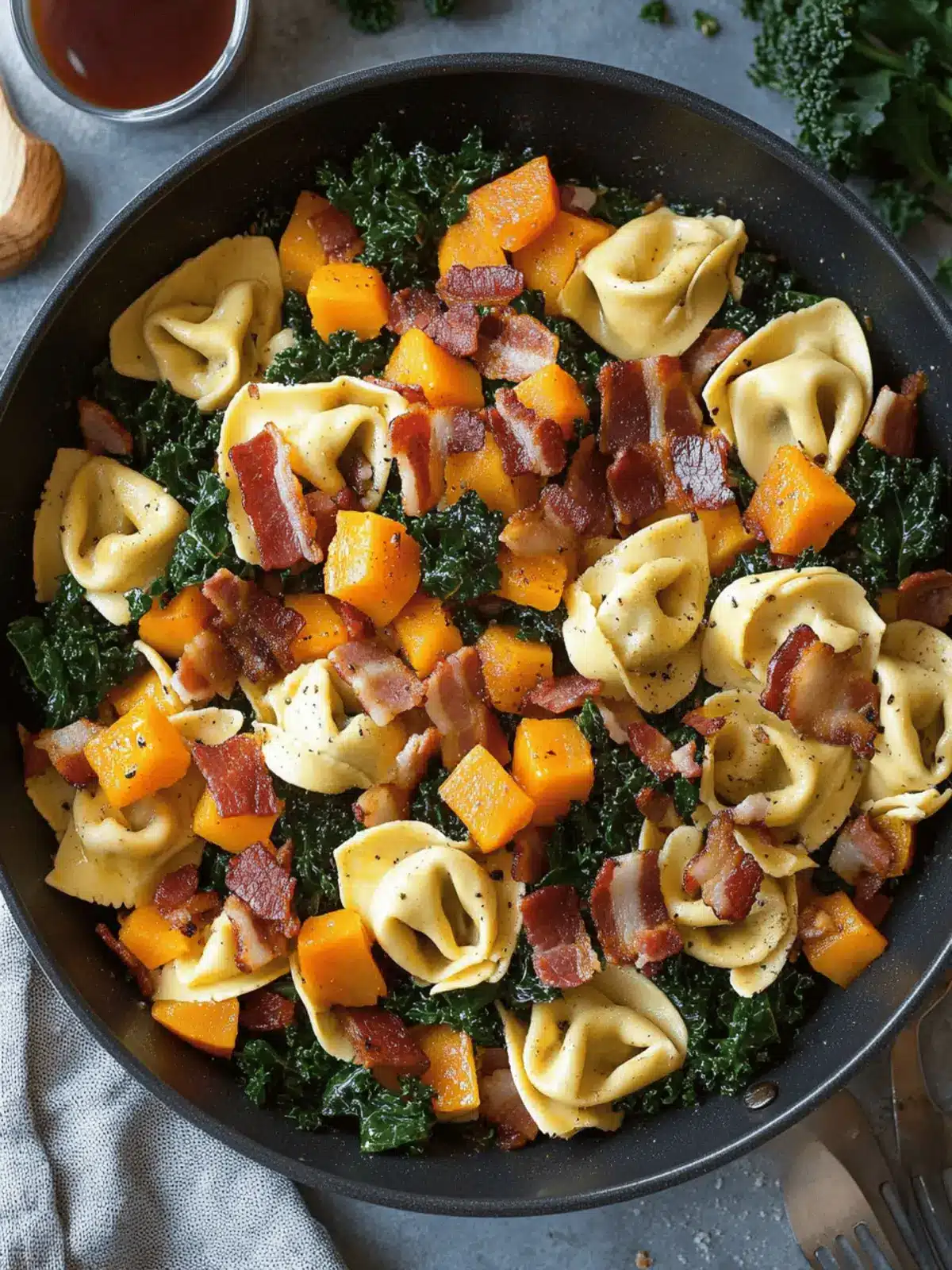 One Pan Creamy Tortellini with Butternut Squash Kale and Bacon
