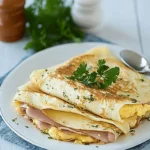Herb Crepes with Eggs, Swiss, Ham and Browned Butter