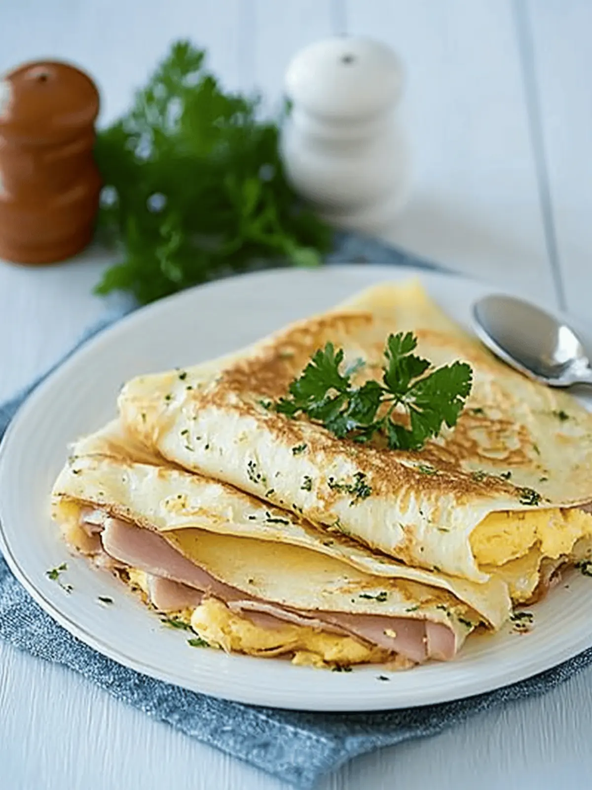 Herb Crepes with Eggs, Swiss, Ham and Browned Butter