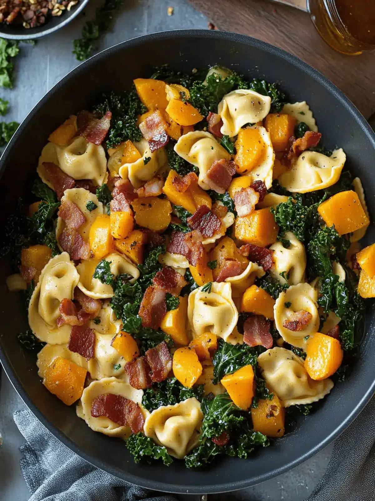 One Pan Creamy Tortellini with Butternut Squash Kale and Bacon