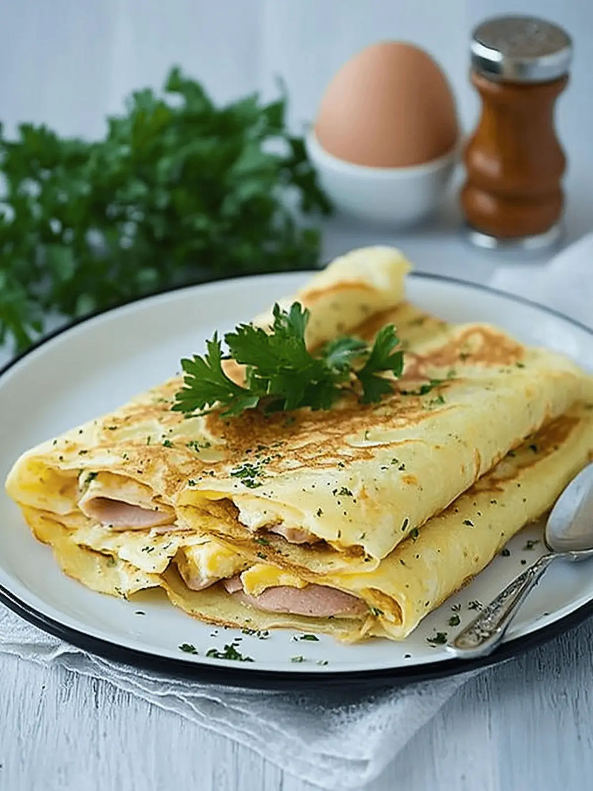 Herb Crepes with Eggs, Swiss, Ham and Browned Butter