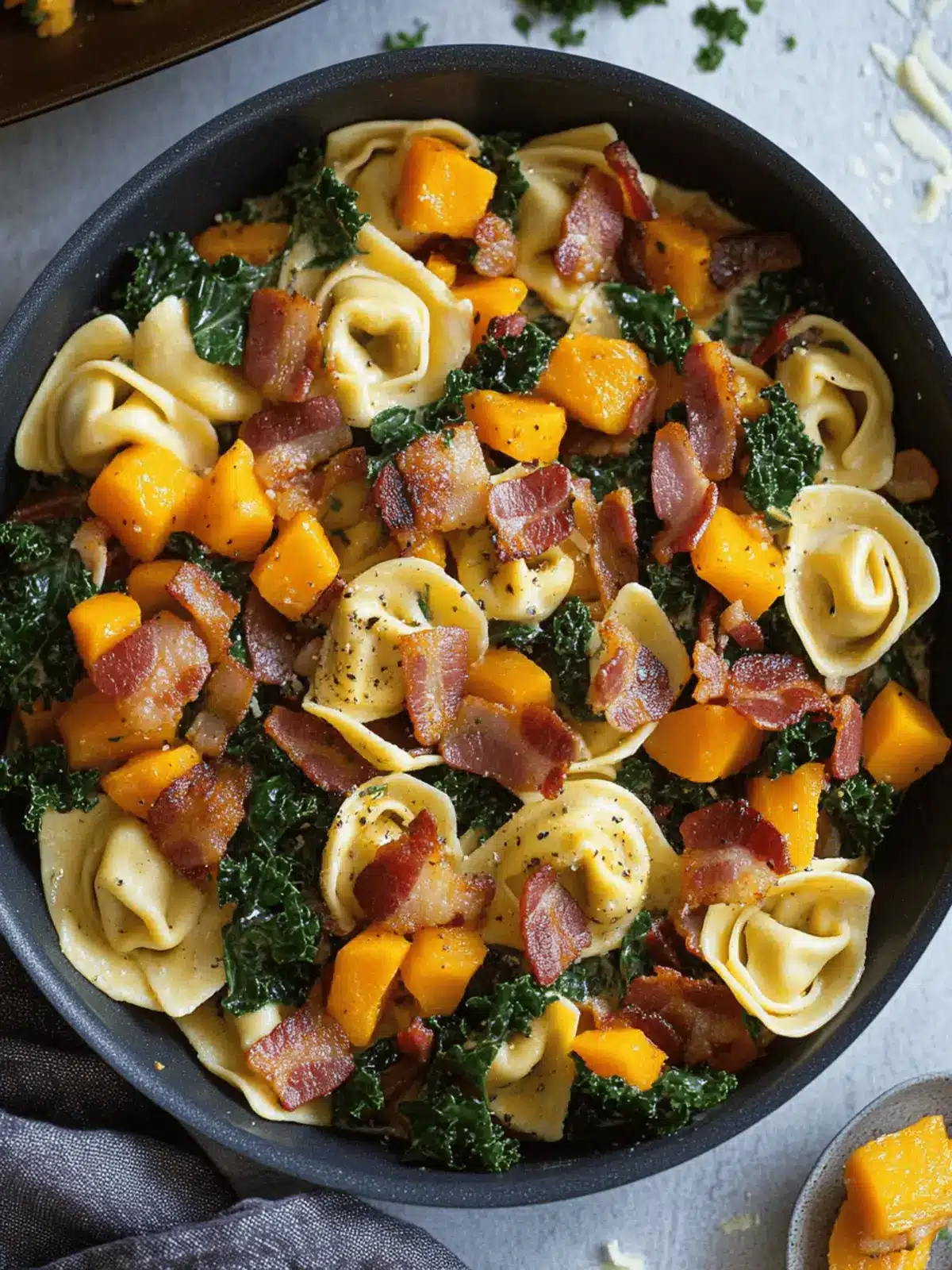 One Pan Creamy Tortellini with Butternut Squash Kale and Bacon
