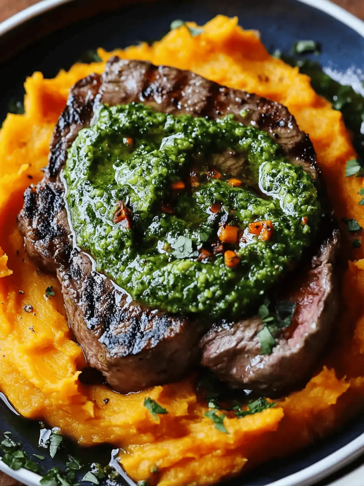Steak with Green Sauce and Mashed Sweet Potatoes