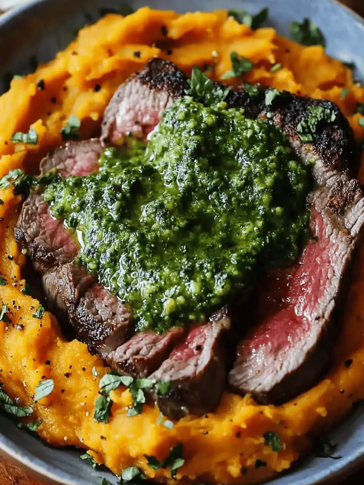 Steak with Green Sauce and Mashed Sweet Potatoes