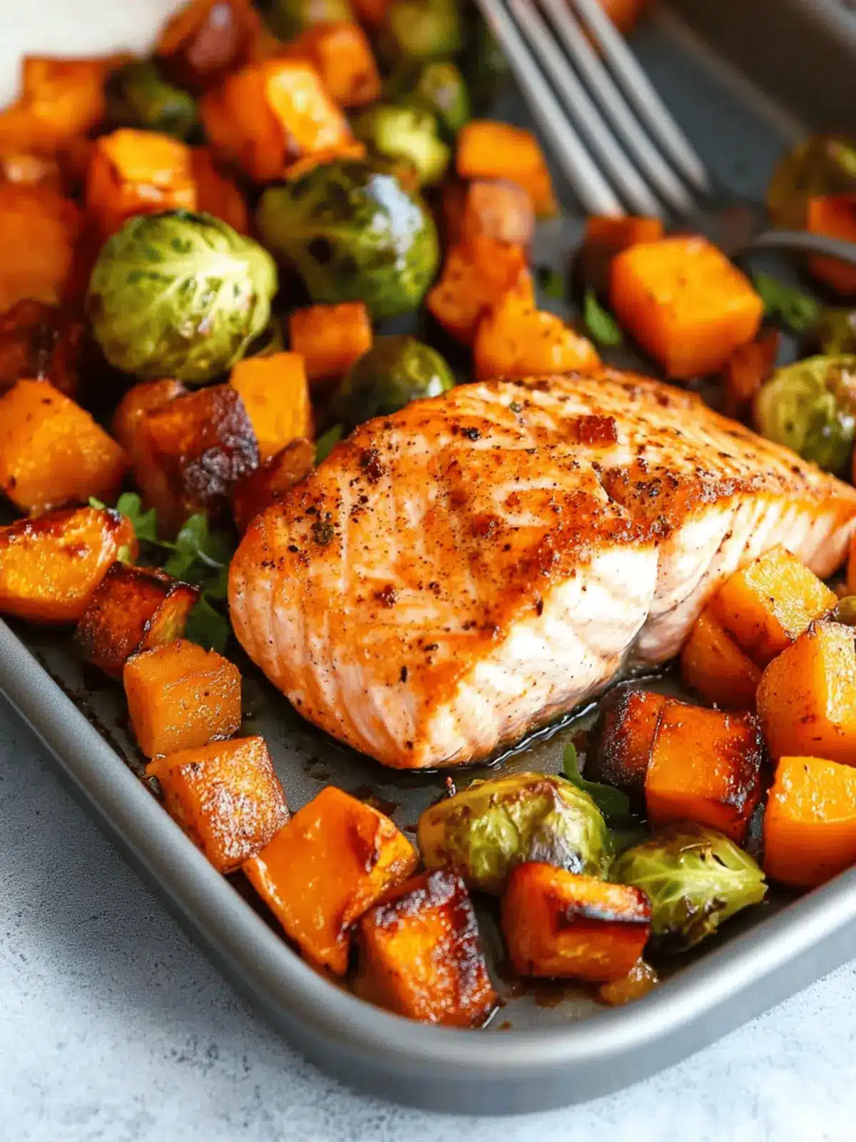 Sheet Pan Salmon and Veggies with Butternut Squash and Brussels Sprouts